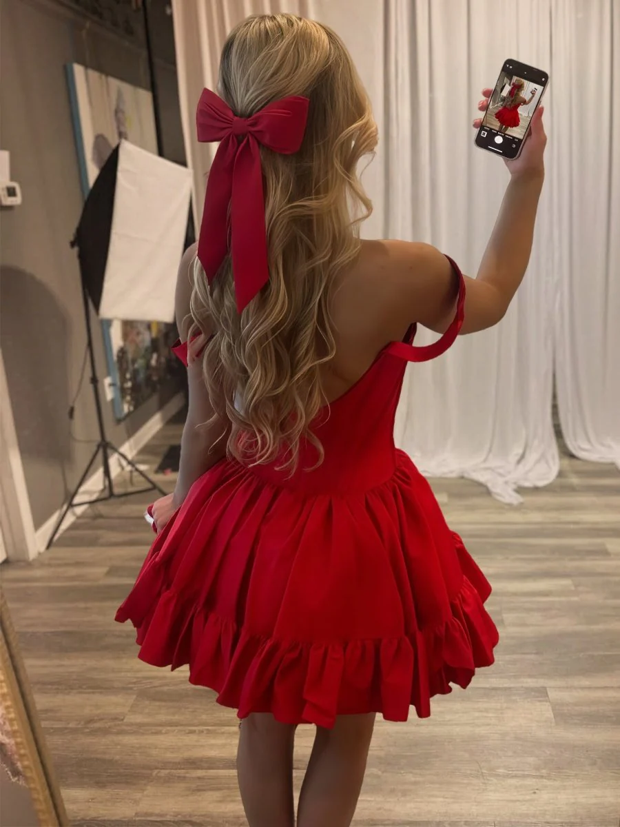 Red - Off The Shoulder A Line Pleated Satin Short Homecoming Dress