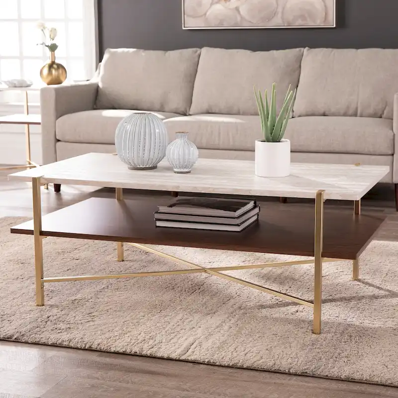 Brown & White Two-Tier Coffee Table with Storage Shelf