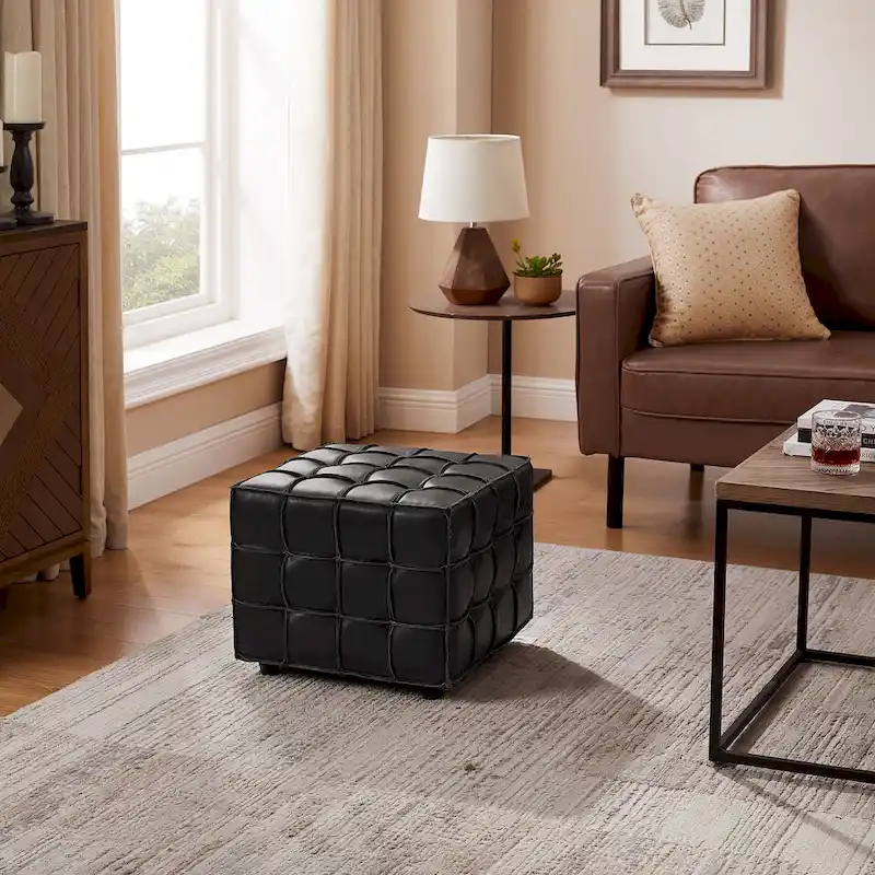Art Leon Top Grain Leather Square Pouf Ottoman