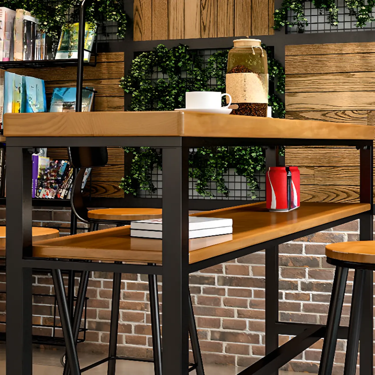 Modern Brown Wooden Metal Sled Shelf Bar Tables with Footrest