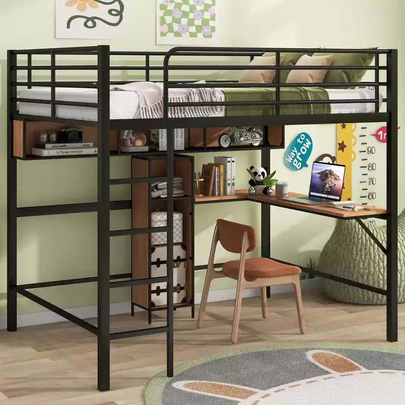 Whisen 77.2''L x 56''W Modern Full Size Metal & Wood Loft Bed with L-shaped Desk and Shelves, Multifunctional Design - Black & Walnut