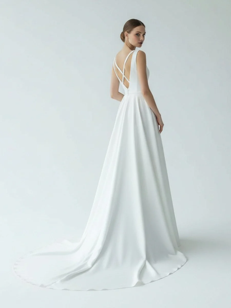 A-Line White Satin Elegant V Neck Wedding Dress