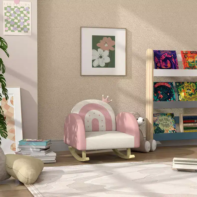 Whisen Velvet Kids Rocking Chair, Children's Armchair Rocker with Crown Decoration, Gentle Rocker Toddler Seat - Pink