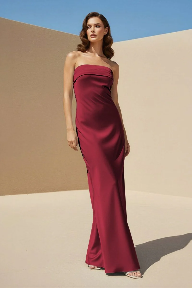 Sky Blue Strapless Sheath Satin Pleated Open Back Long Prom Dresses