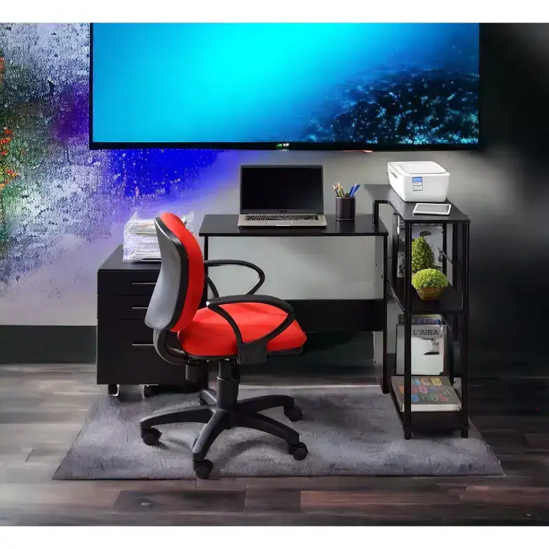 Okak Modern Computer Desk with 3-Tier Shelves, Office Desk with Ample Tabletop, Standing Desk for Office, Reading Room, Bedroom