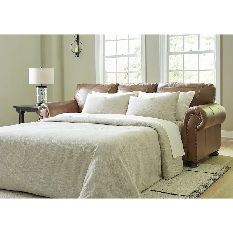 Queen Sofa Sleeper with Nailhead Trim & Memory Foam Mattress – Caramel, Transitional Style, Seats 3