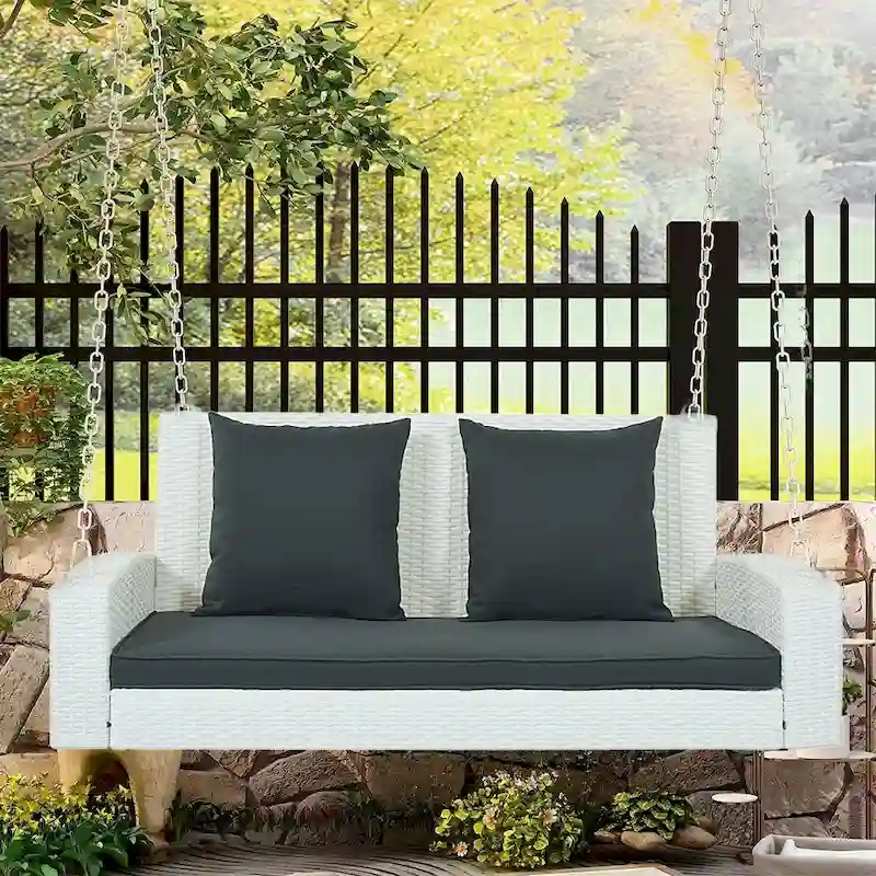 Outdoor Patio 2-Seat Wicker Porch Swing w/ Steel Chain, Cushions - 50 L x 22.4 W x 20.5 H