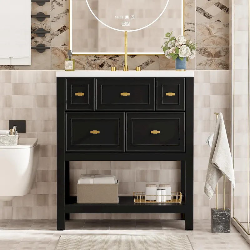 30 Bathroom Vanity with Ceramic Sink Combo, Free Standing Single Vanity Set with 5 Drawers