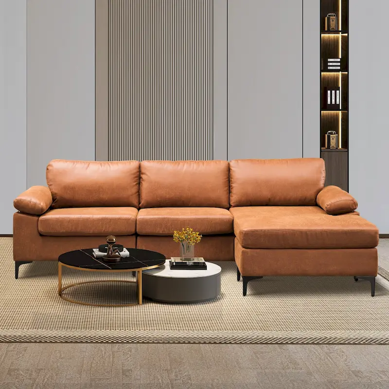 OVIOS Mid-Century Suede Reversible Chaise Sofa With Metal Legs