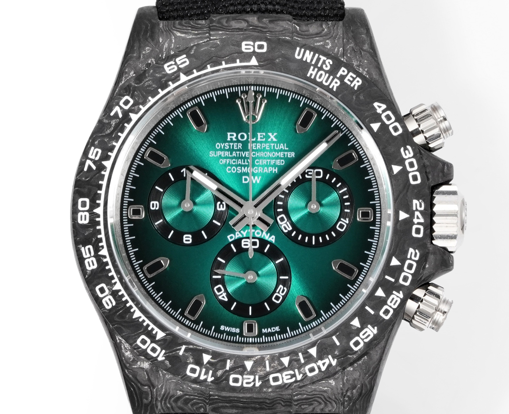 Detailaufnahme des grunen Zifferblatts der Rolex Daytona Replica
