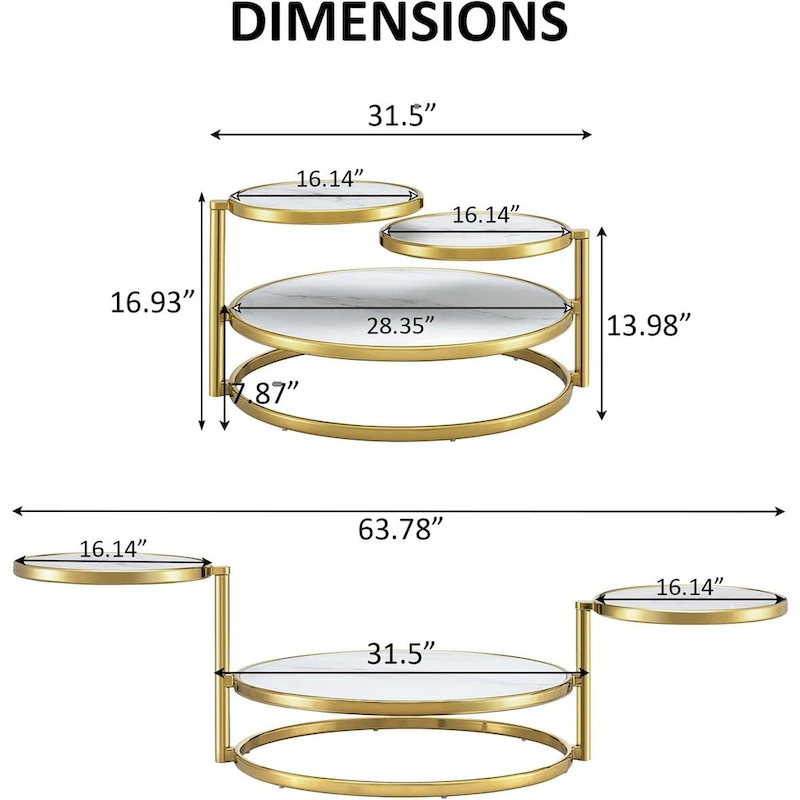 Round Tempered Glass Coffee Table with 3 Tiers 360 Degrees Rotating Top