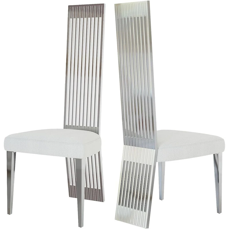 White Boucle and Silver Dining Chairs with Mirrored Silver Vertical Metal Tube Back