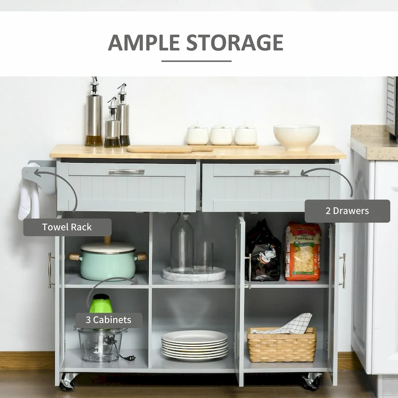 Mobile Kitchen Island with Wood Top, Drawers, Cabinets, Adjustable Shelves, and Towel Rack