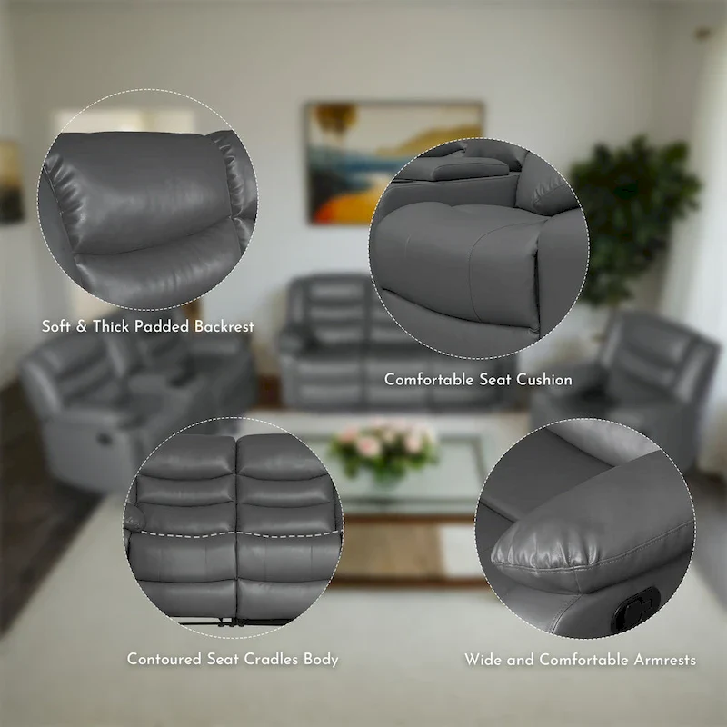 Faux Leather Manual Reclining Living Room Sofa with Dropdown Table and Console