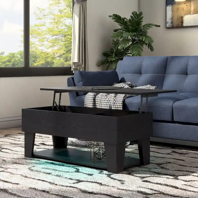 Modern 39-inch Lift-Top Coffee Table with 16 Colors LED Light and Hidden Storage