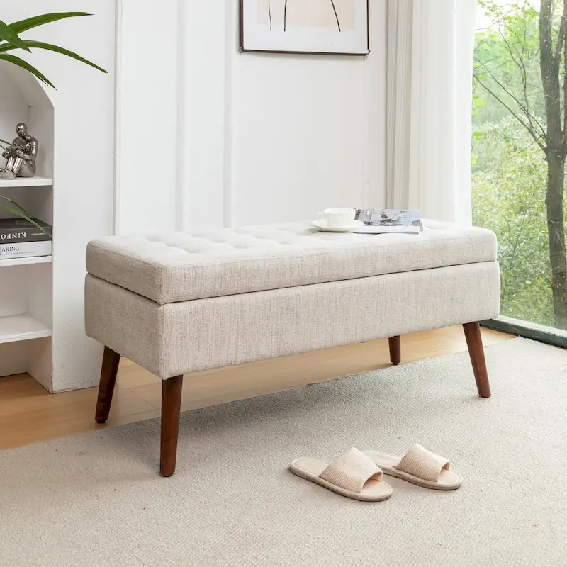 Black / Grey / Off White Tufted Storage Ottoman Bench, 1-Person, Wood Legs