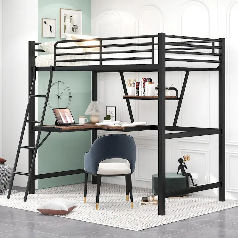 Metal Loft Bed with Desk and Guardrail