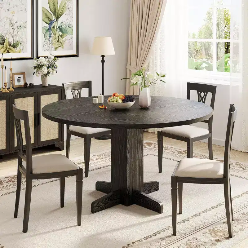 47 Wood Round Dining Table with Sturdy Pedestal Base, Farmhouse Circle Dinner Tables for 4-6 People