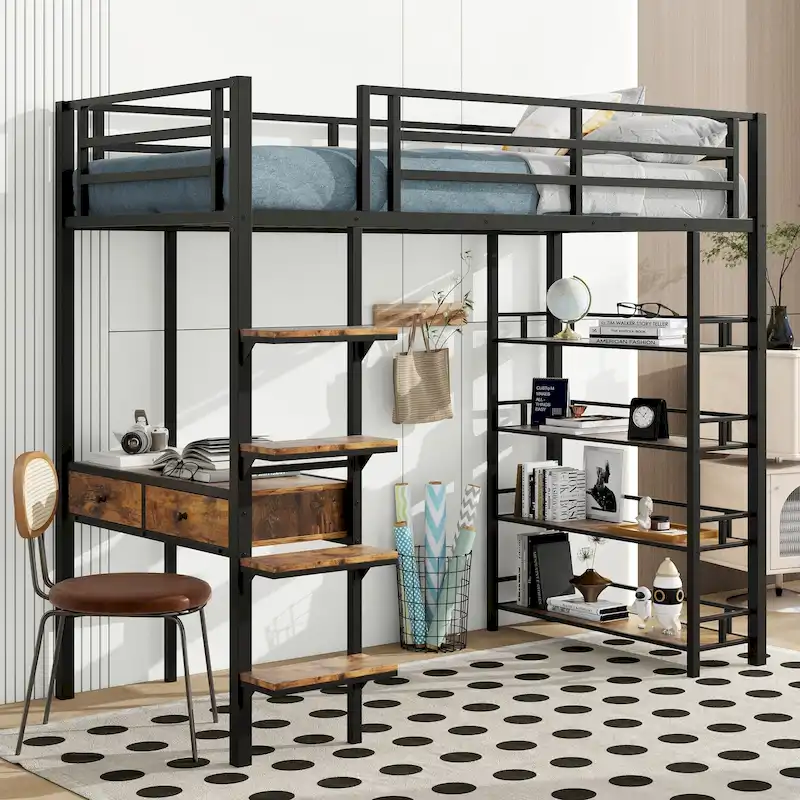Twin Size Metal Loft bed with Desk, Ladder, Fence and Shelves for Kids, Boys and Girls, Bedroom
