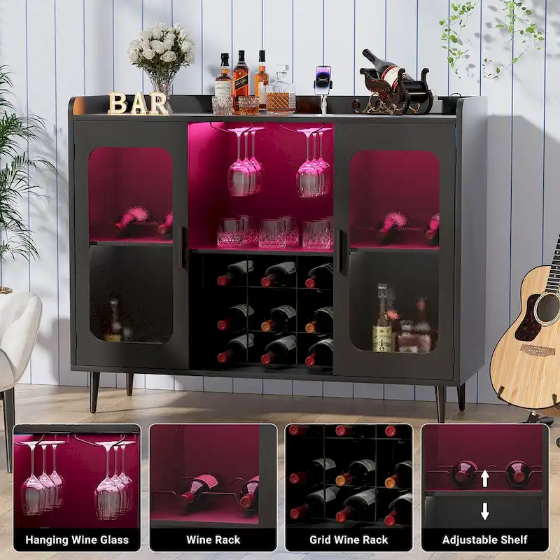 Black Bar Cabinet with Wine Holder and LED Lights - Satin Gold Finish