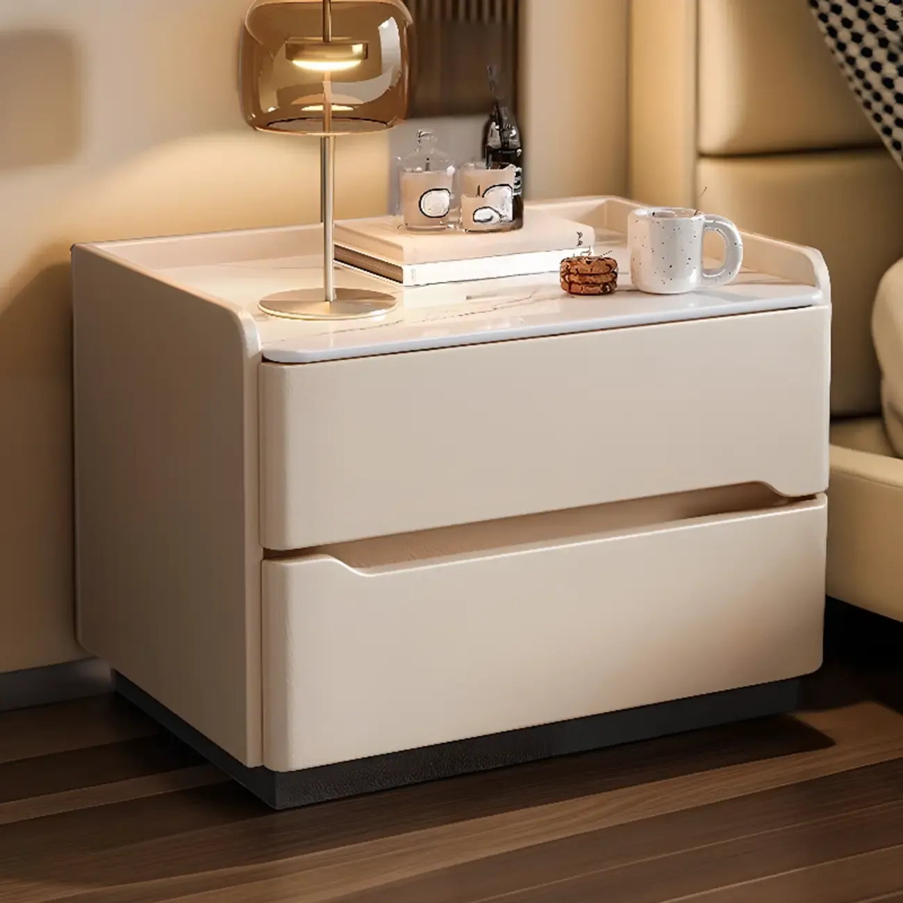 Modern Leather Tray Stone Top 2 Drawers Nightstand