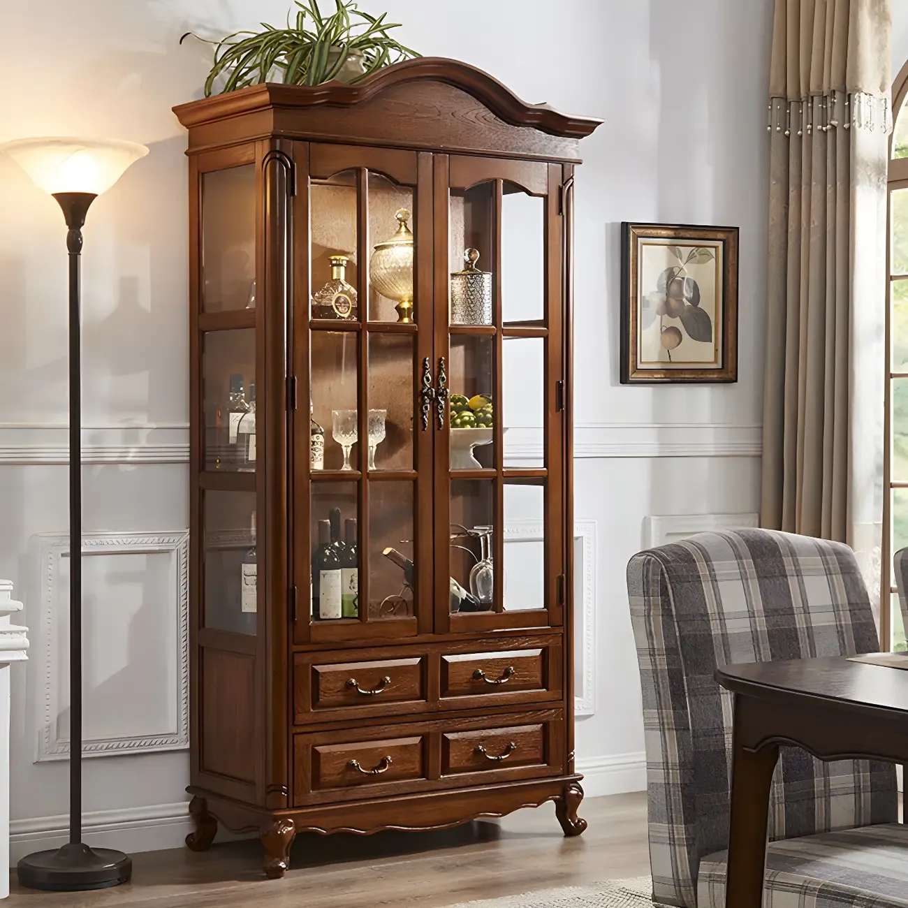 Traditional Wooden Brown Glass Door China Cabinet