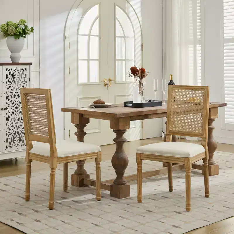 Dining Chairs Set of 2 with Rubberwood Frame, Rustic Rattan/Upholstered Backrest Dining Chair - ModernLuxe