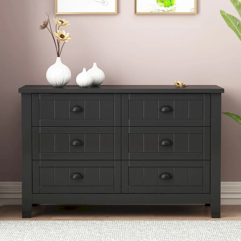 Black Farmhouse Solid Wood Entryway Storage Cabinet with 6 Drawers, 47.3 Inch