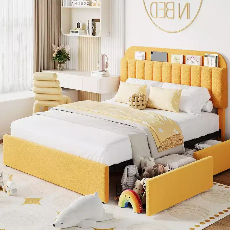 Twin/Full Bed Frame with Storage Headboard and 2 Drawers, Upholstered Platform Bed with Bookcase, No Box Spring Needed, Yellow