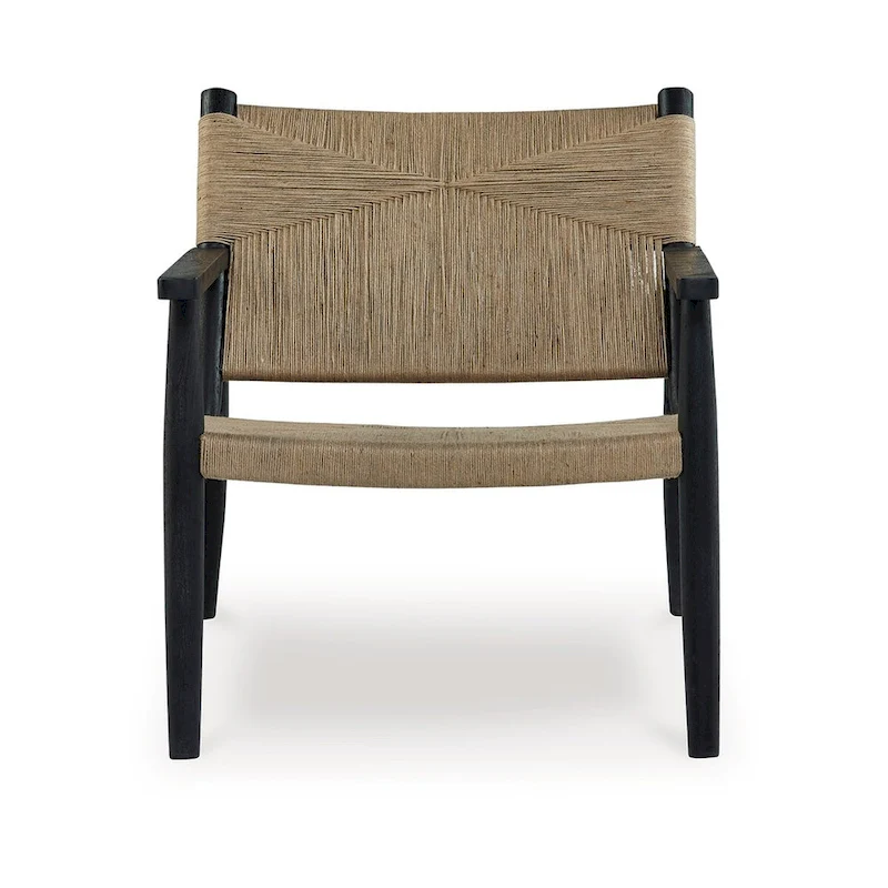 Accent Chair, Natural Brown Jute, Curved Seat, Modern Black Wood Frame
