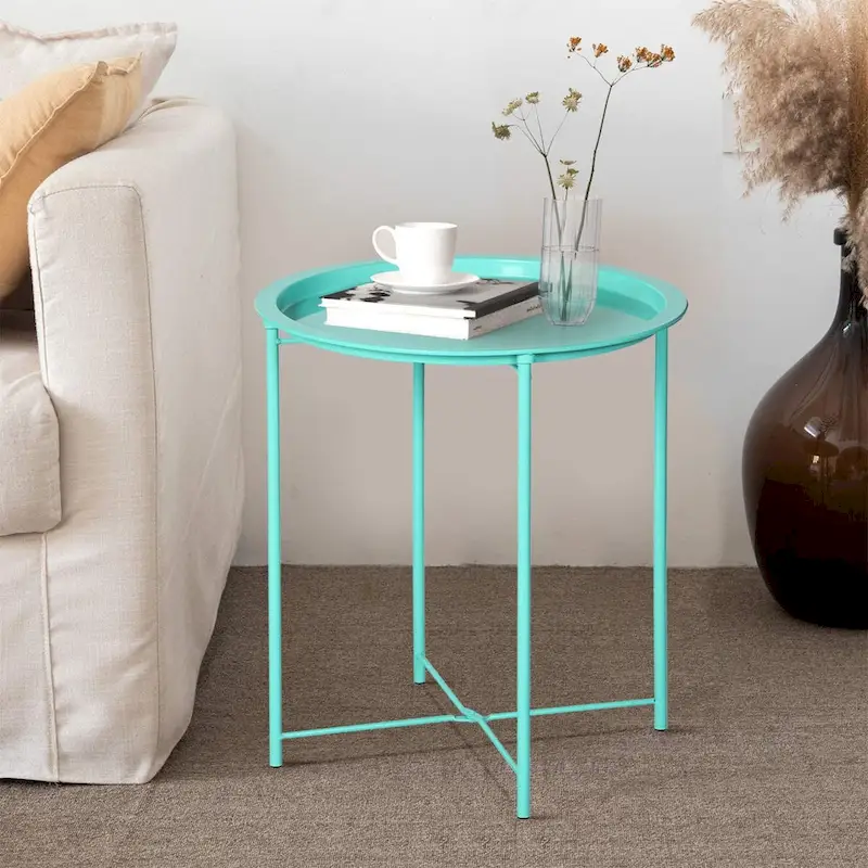 Folding Round TV Tray Tables, Small Round Steel Side Table, No Assembly Required - 18.5 x 18.5 x 19.7 in