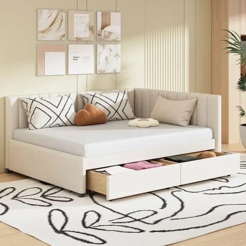 Full Size Daybed with 2 Storage Drawers – Beige/Grey/Yellow, Linen, Seats/Sleeps 2