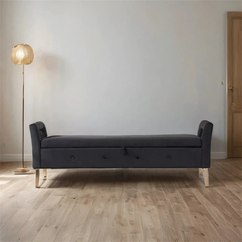 Navy / Black / Green / Beige Velvet Storage Bench with Armrests – Single Seat
