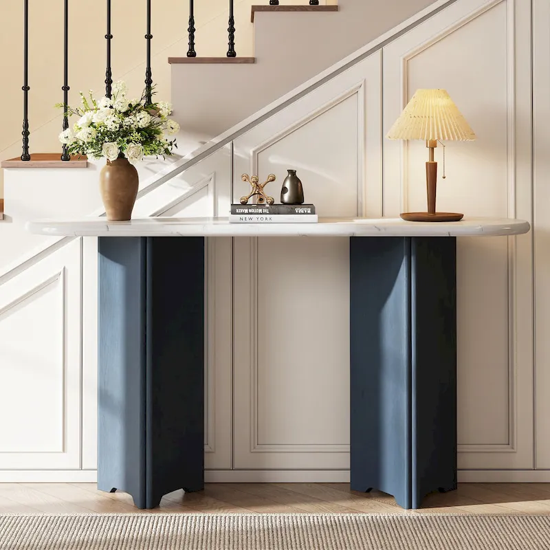 Navy & White Console Table | Faux Marble Top | Oak Legs