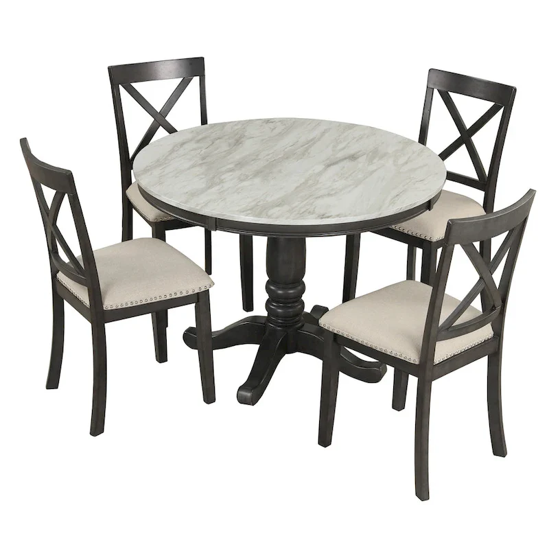 Modern Style Wooden 5-Piece Dining Set with Round Table amd 4 Upholstered Chairs