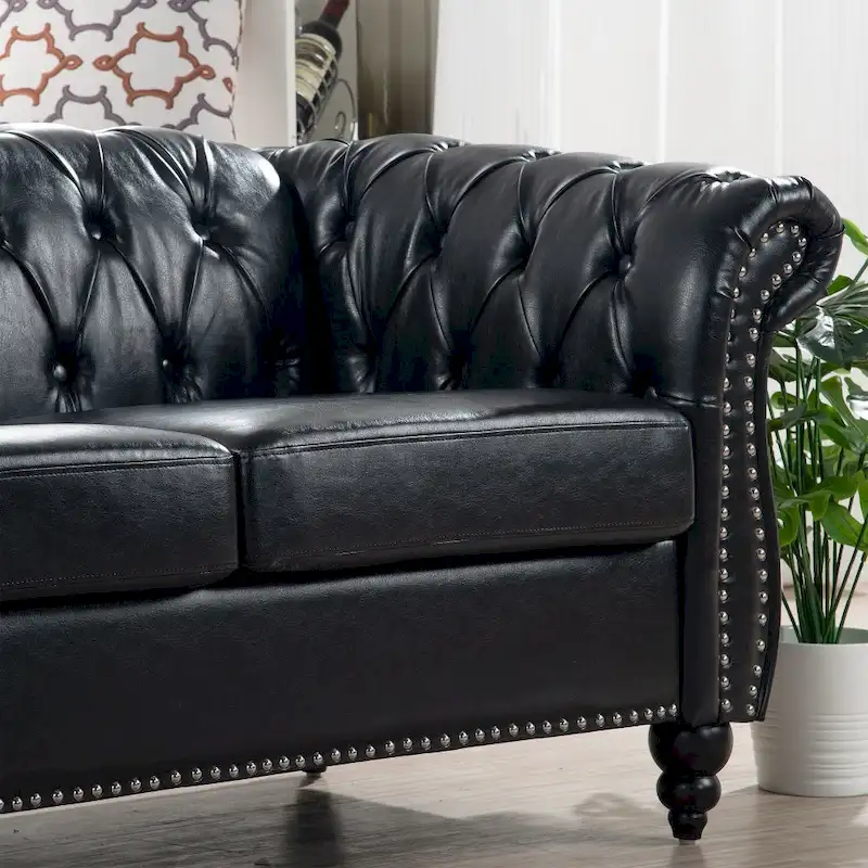 Brown Faux Leather Chesterfield Sofa for 3 People with Rolled Arms