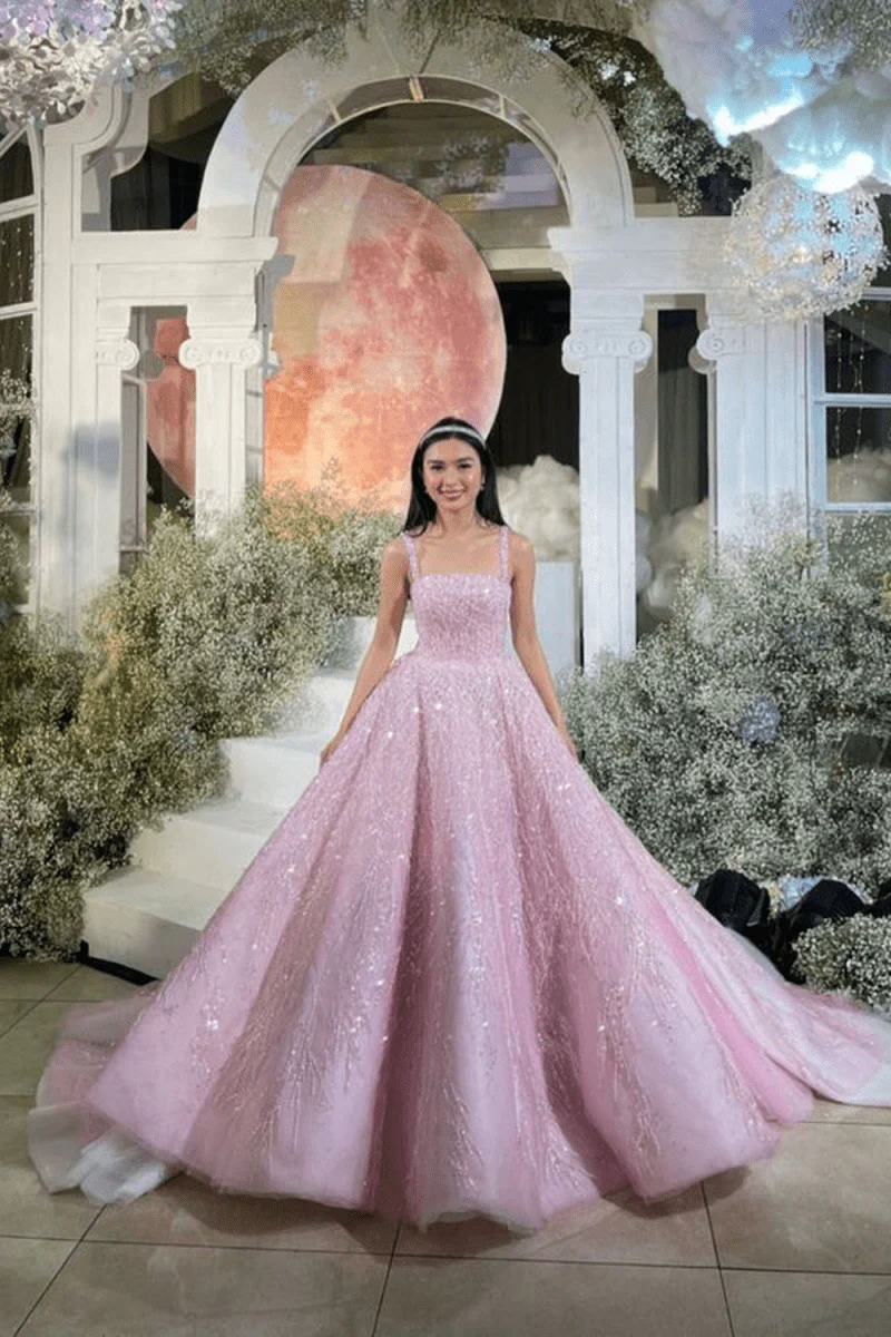 Pink Straps Sequin Beaded Long Ball Gown Quinceanera Dresses