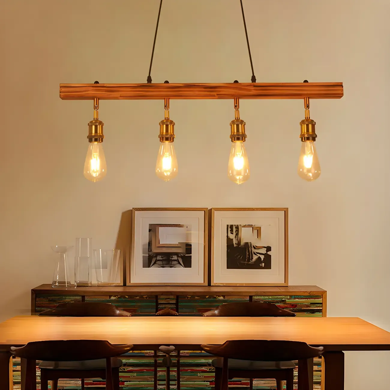 Industrial Brown Wood Brass Adjustable 31.5 Pendant Light