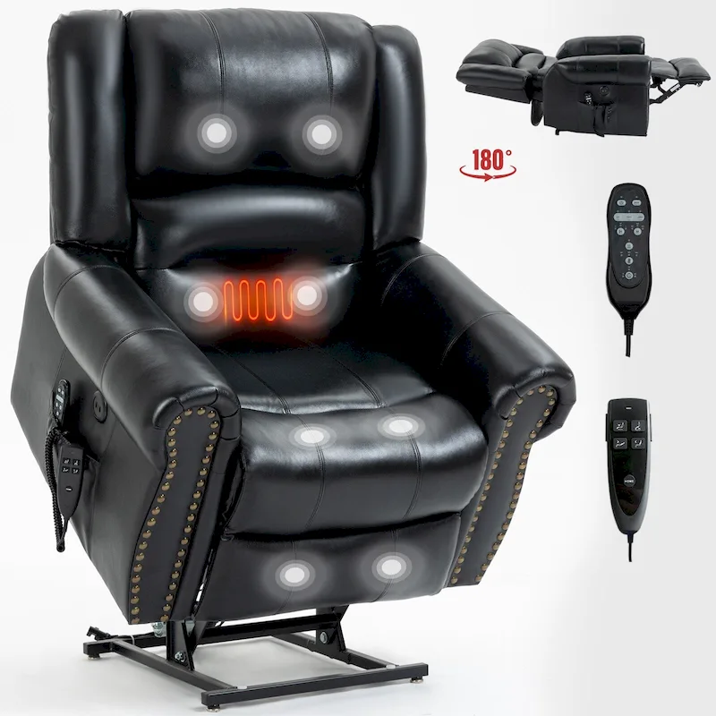 Brown Genuine Leather Power Lift Recliner with Heat, Massage, and USB Ports