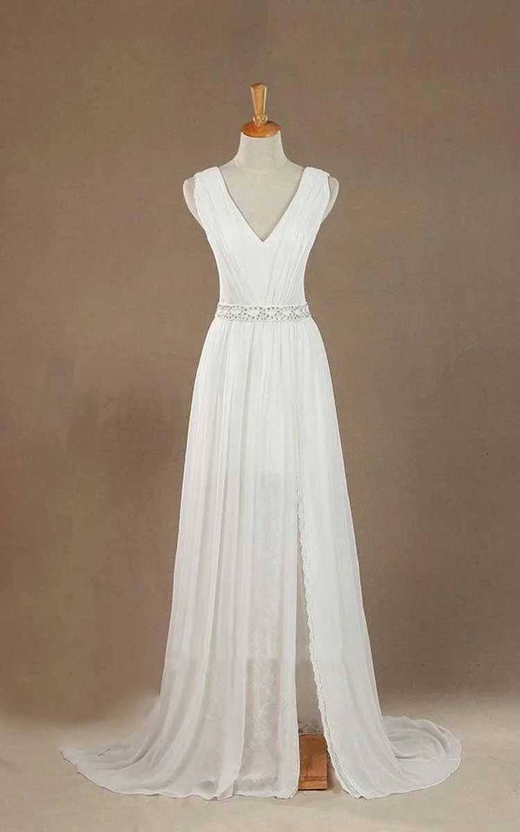 Sleeveless V-Neck Chiffon Beading High Slit Weddig Dress with Low-V Back