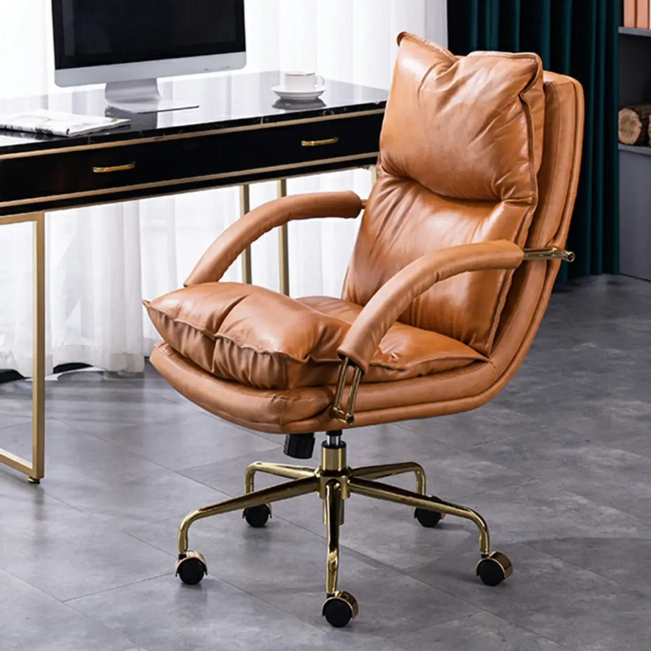 Brown Genuine Leather Ergonomic Wheeled Office Chair