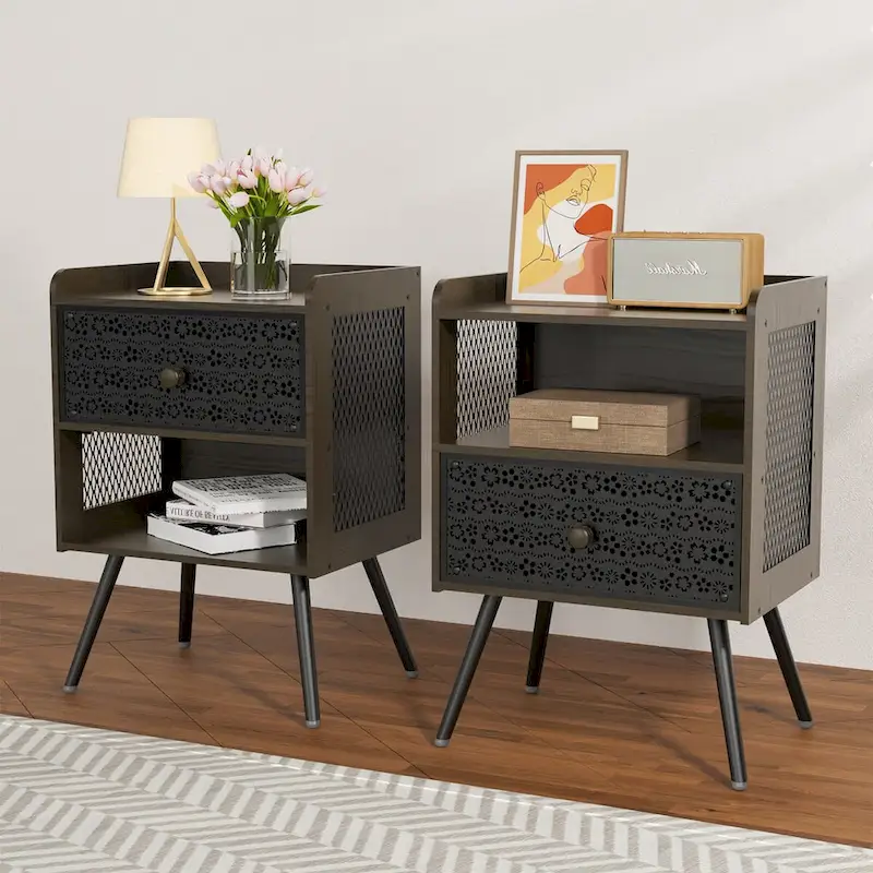 Wooden Bedside Table With Metal Legs Nightstand