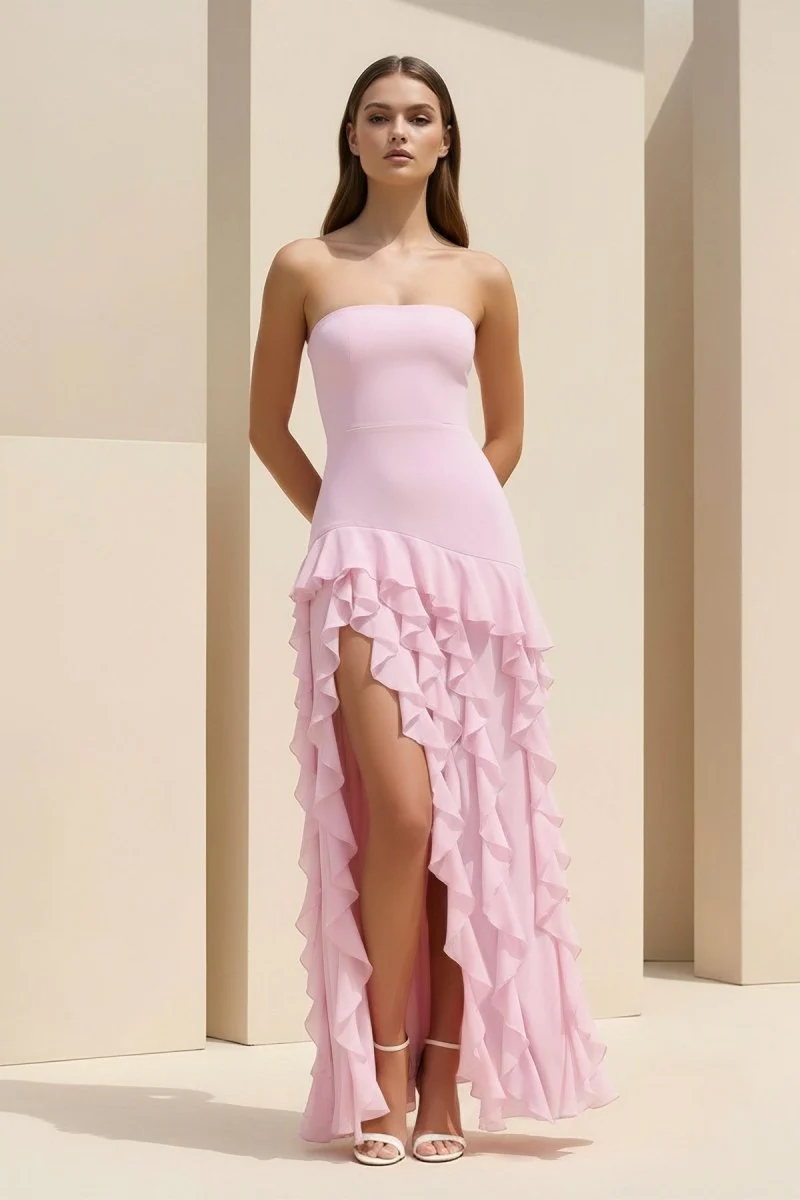 Pink Sheath Strapless Chiffon Long Prom Dresses With Ruffles