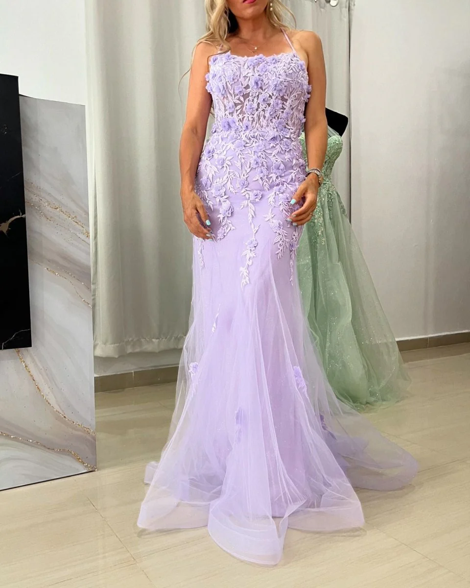 Lilac Mermaid Scoop Neck Prom Dress with Appliques