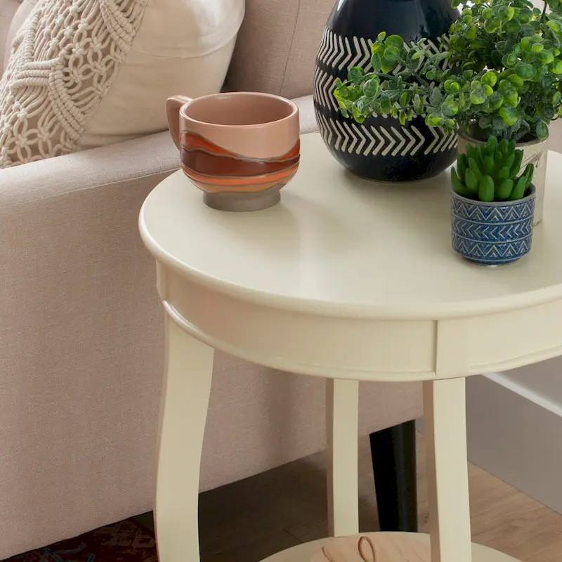 White Round Side Table with Lower Shelf & Cabriole Legs, 1-Person