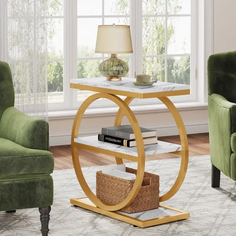 Industrial 3-Shelf Narrow End Table – Brown / Grey / Oak / Yellow