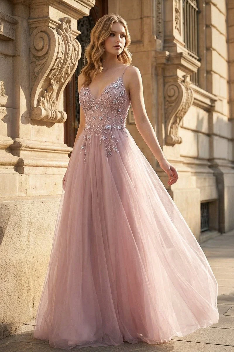 Pink Tulle Long A-Line Prom Dress, Pink Spaghetti Formal Dress with Beaded