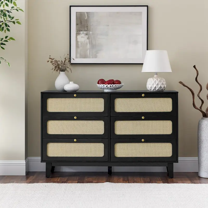 6-Drawer Dresser with Rattan Weave Fronts - Wood - 56 Inch