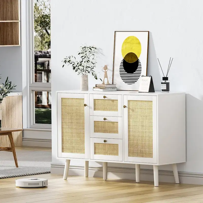 Anmytek Mid-Century Modern 47.2  W 2-Door White Buffet/Sideboard Rattan Storage Accent Cabinet with Drawers