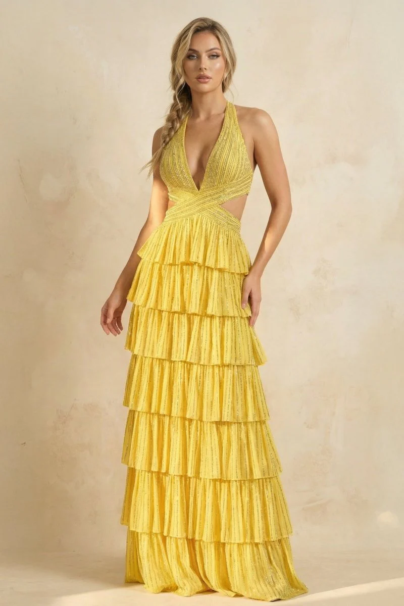 Yellow - A-Line V Neck Satin Beaded Long Prom Dresses With Ruffles